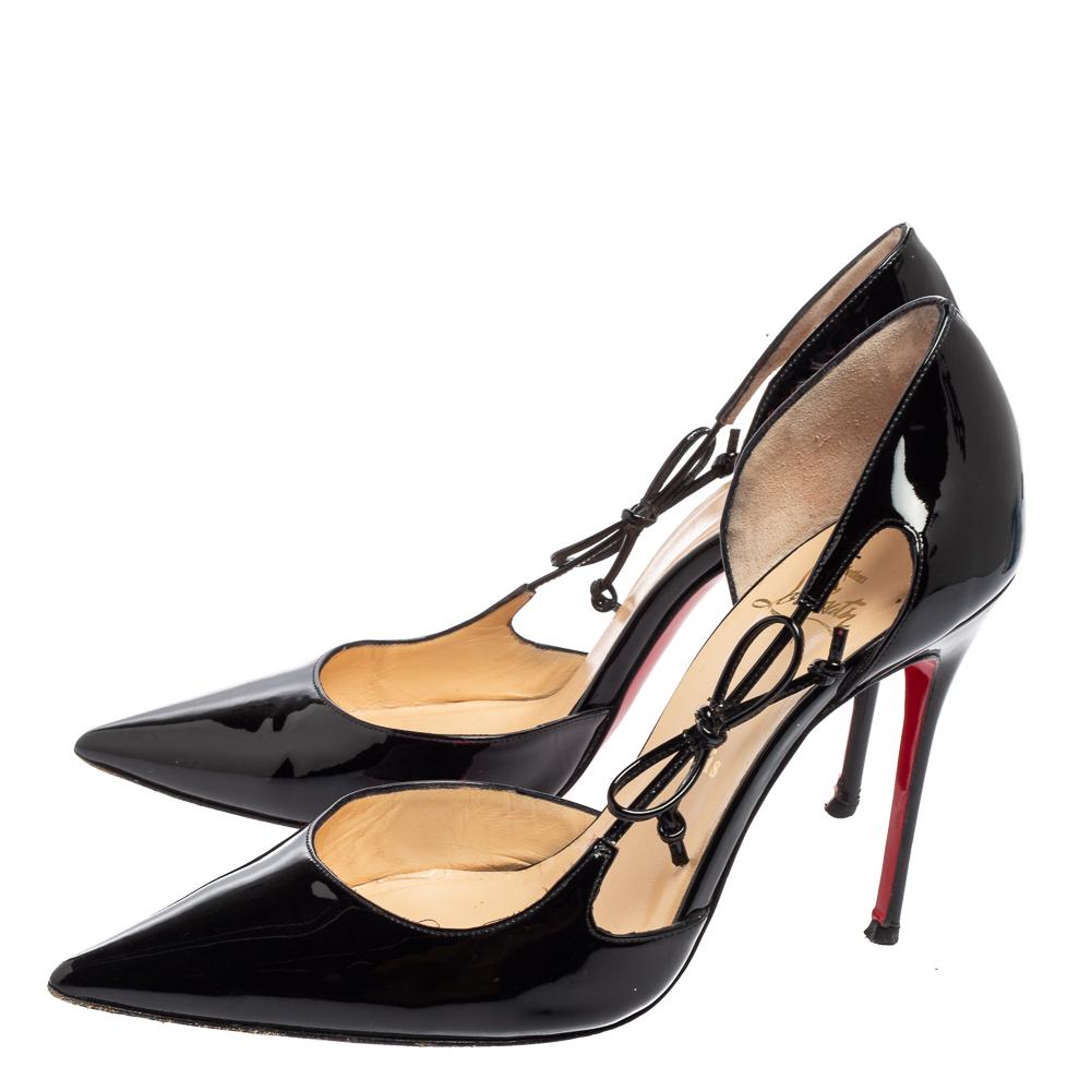 Women's Christian Louboutin Black Patent Leather Bow D'orsay Pointed-Toe Pumps Size 37.5