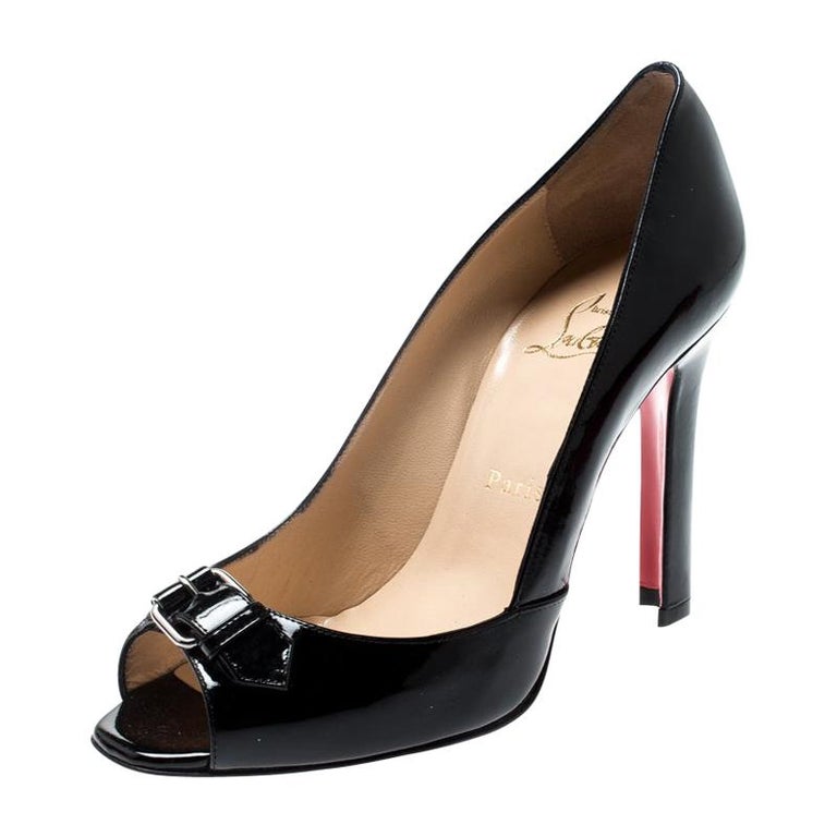Christian Louboutin Black Patent Leather Buckle Detail Peep Toe Pumps