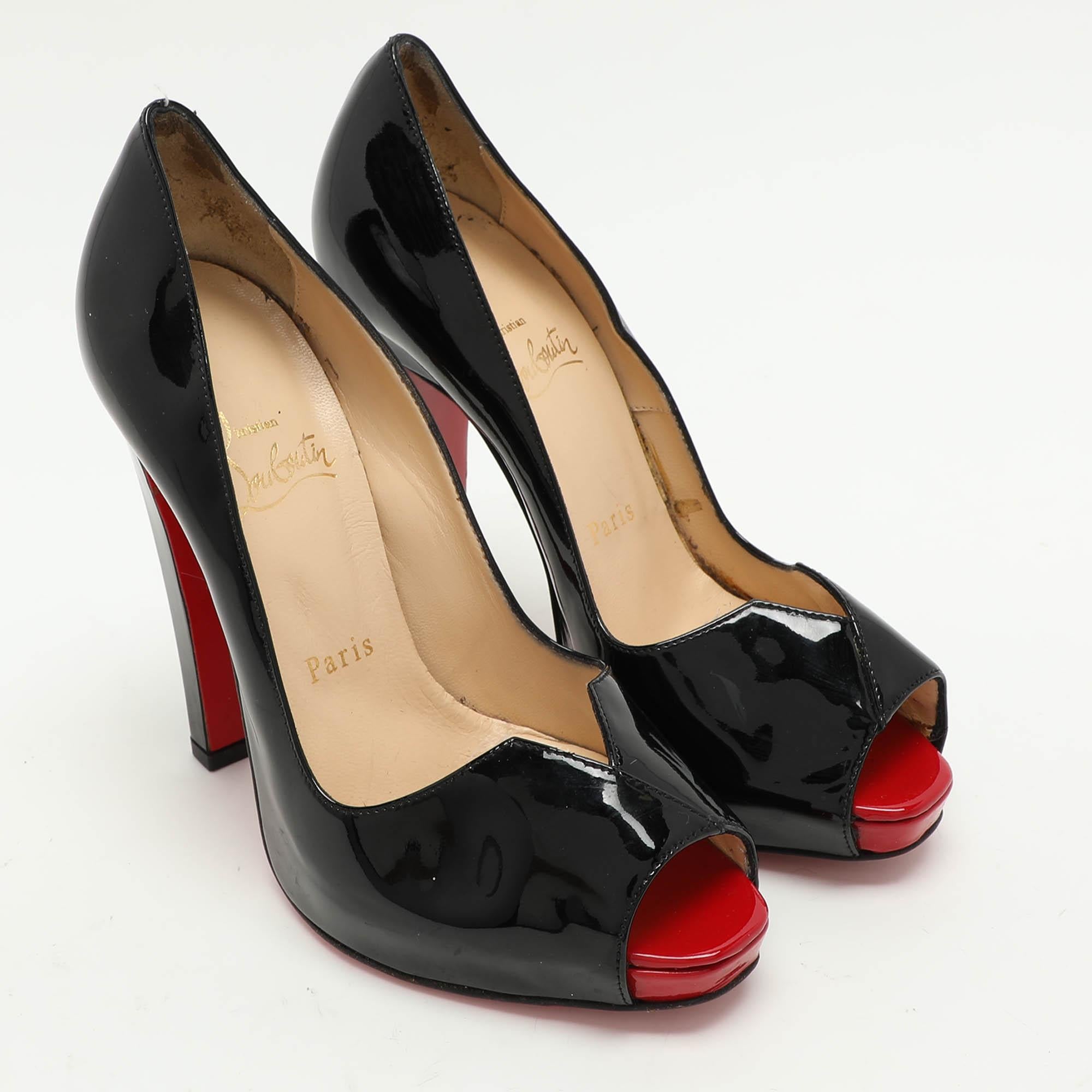 Women's Christian Louboutin Black Patent Leather Carroseria Peep Toe Pumps Size 37