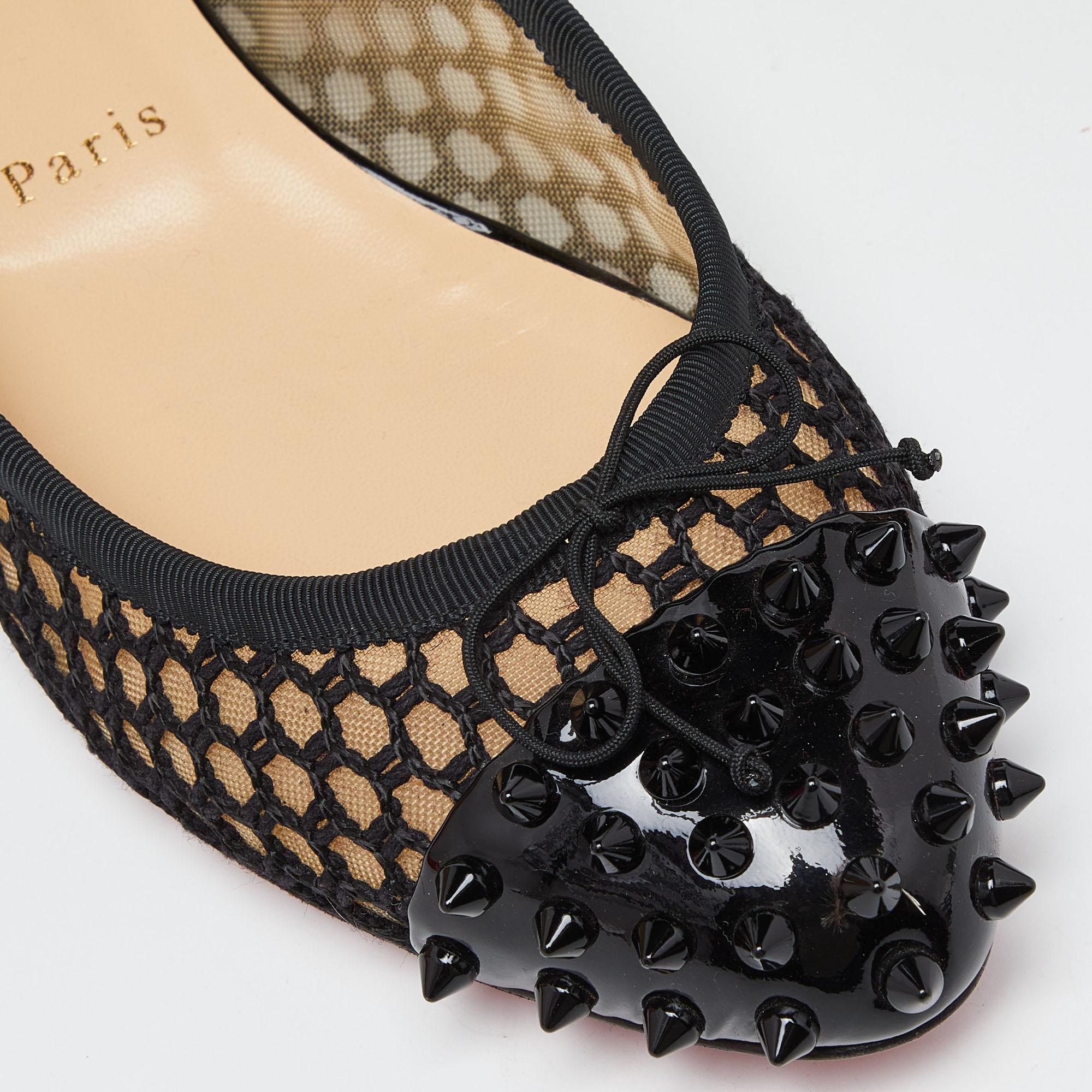 Women's Christian Louboutin Black Patent Leather Cord Mix Spike Cap Toe Ballet Flats Siz For Sale