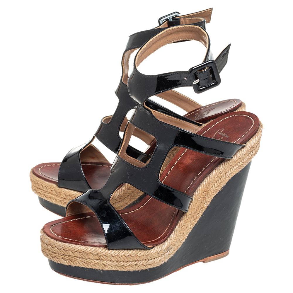 Christian Louboutin Black Patent Leather Cut Out Wedge Sandals Size 36 For Sale 3