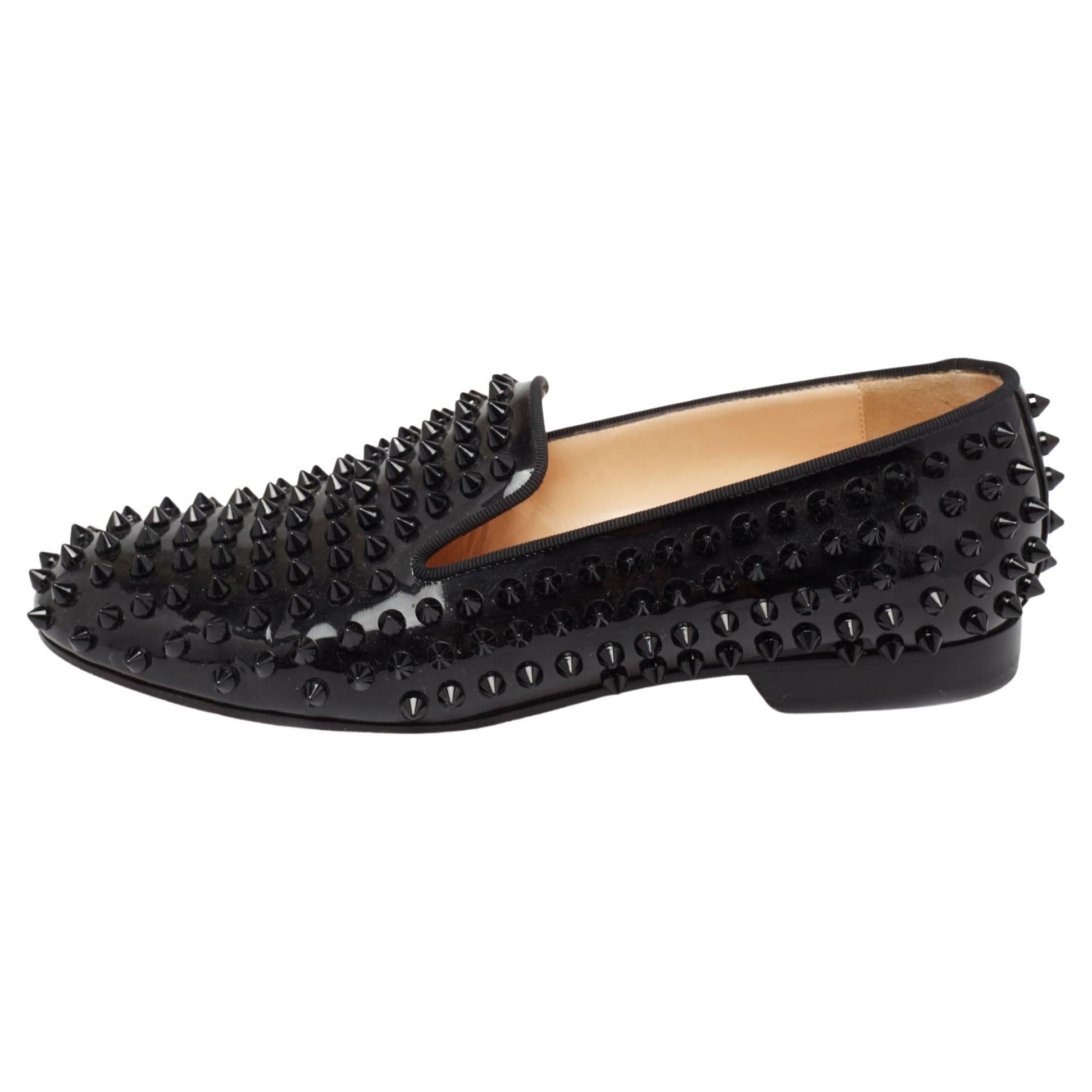 Christian Louboutin Black Patent Leather Dandelion Spikes Slippers Size 37 For Sale
