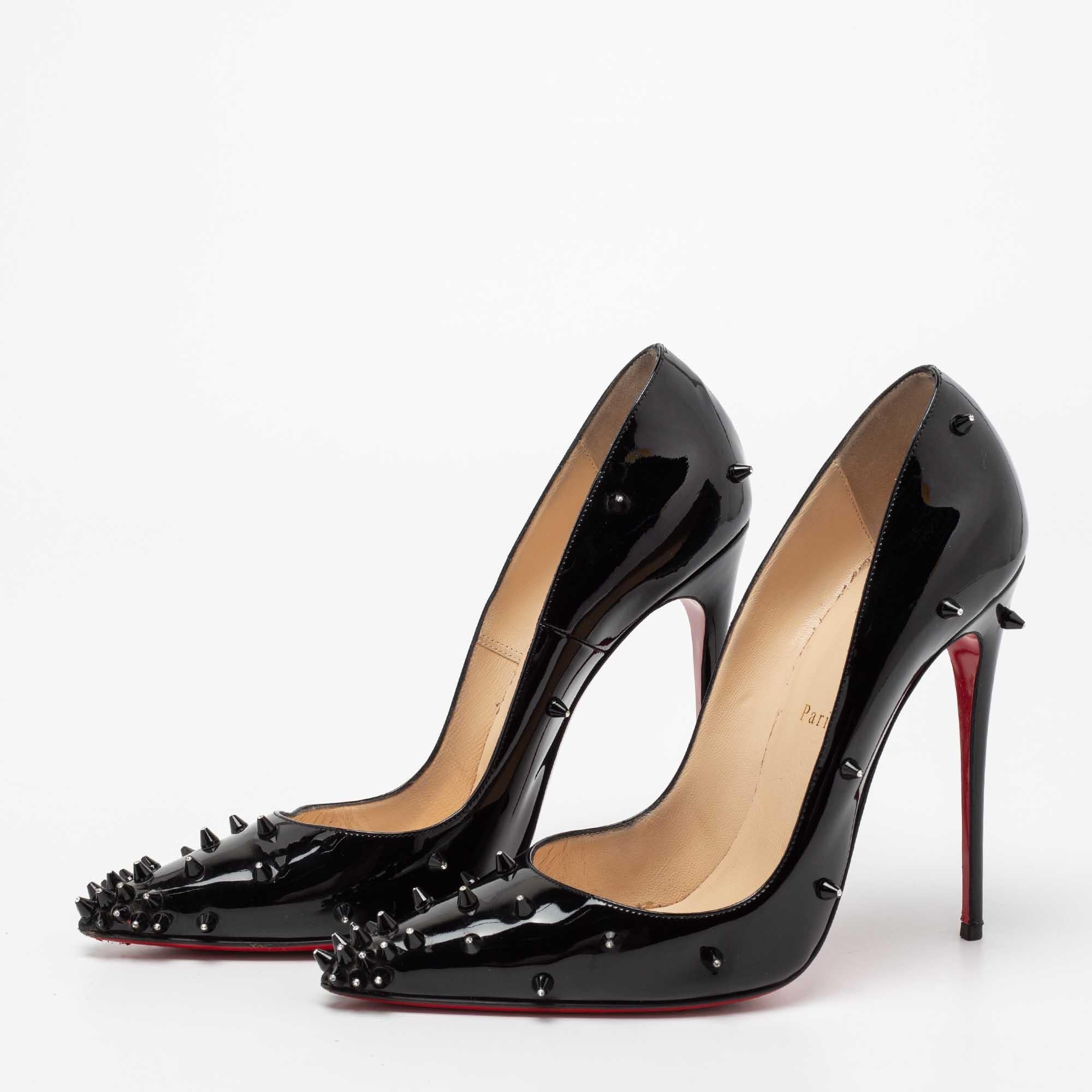 Christian Louboutin Black Patent Leather Diamond Spike Pointed Toe Pumps  Size 41 For Sale at 1stDibs