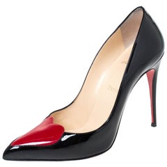 Christian Louboutin Black Patent Leather Doracora Red Heart Pumps Size 38.5
