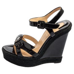 Christian Louboutin Black Patent Leather Espadrille Wedge Sandals Size 40
