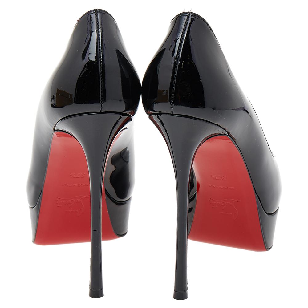 Christian Louboutin Black Patent Leather Fetish Peep Toe Pumps Size 37.5 In Excellent Condition In Dubai, Al Qouz 2