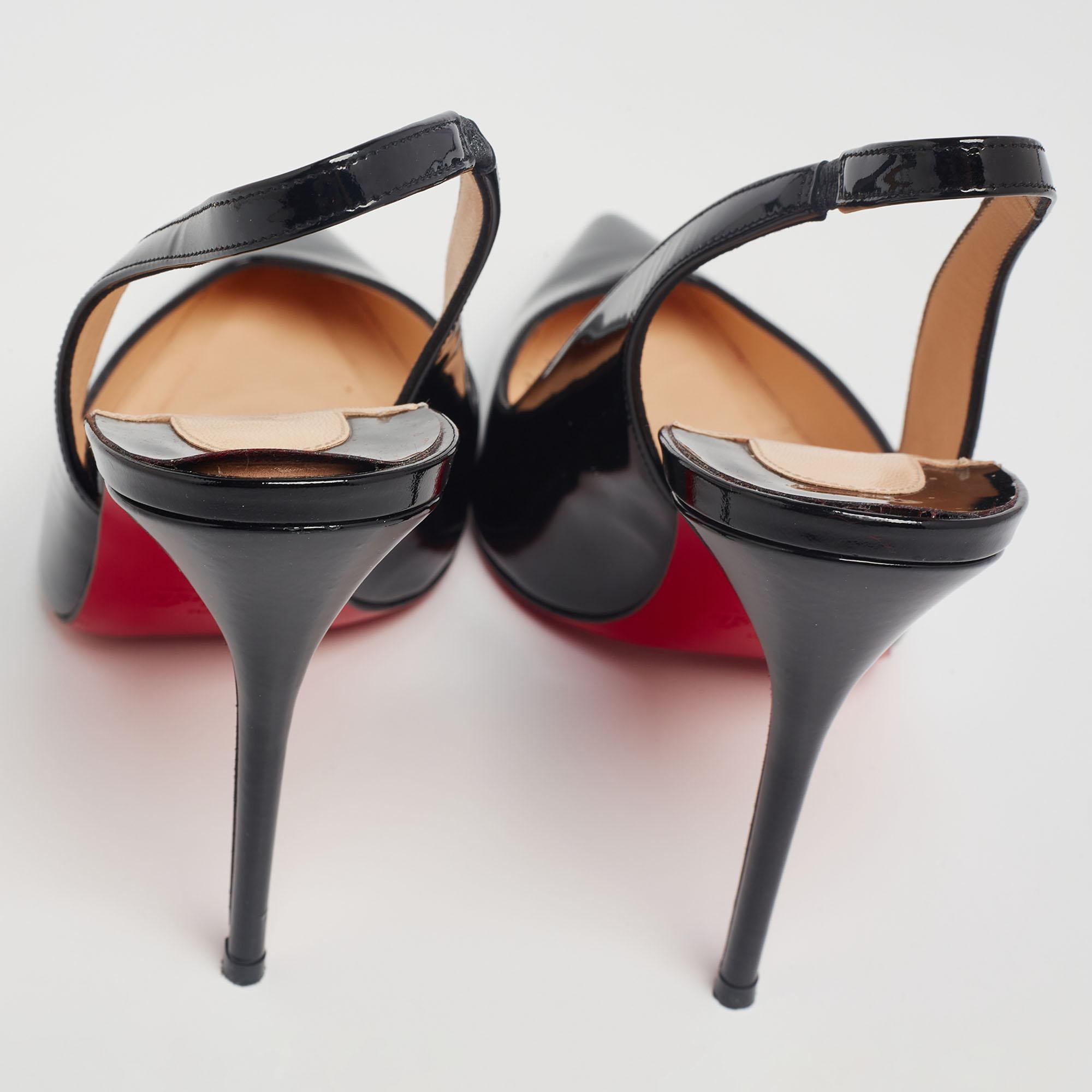 Women's Christian Louboutin Black Patent Leather Fleuve Slingback Pumps Size 38