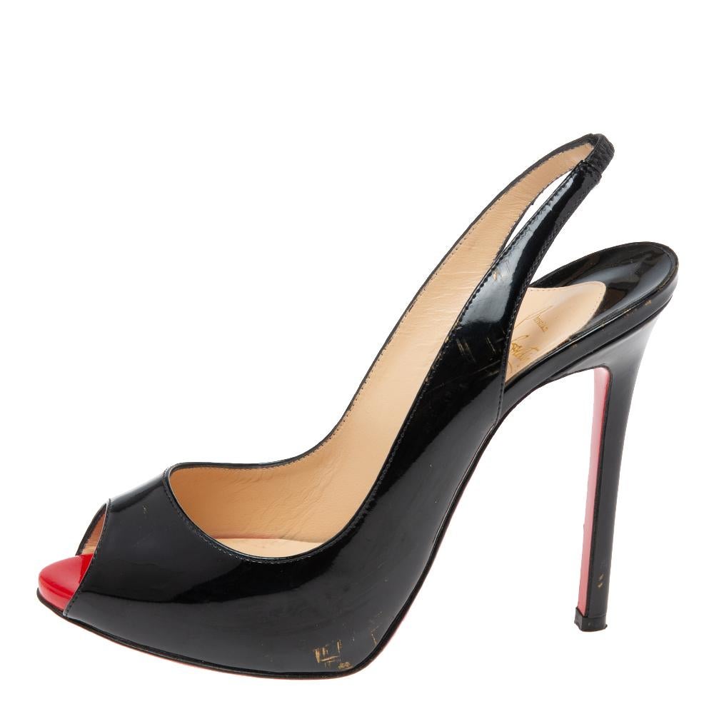 Christian Louboutin Black Patent Leather Flo Slingback Sandals Size 38.5 For Sale 1