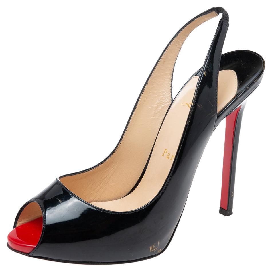 Christian Louboutin Black Patent Leather Flo Slingback Sandals Size 38.5 For Sale