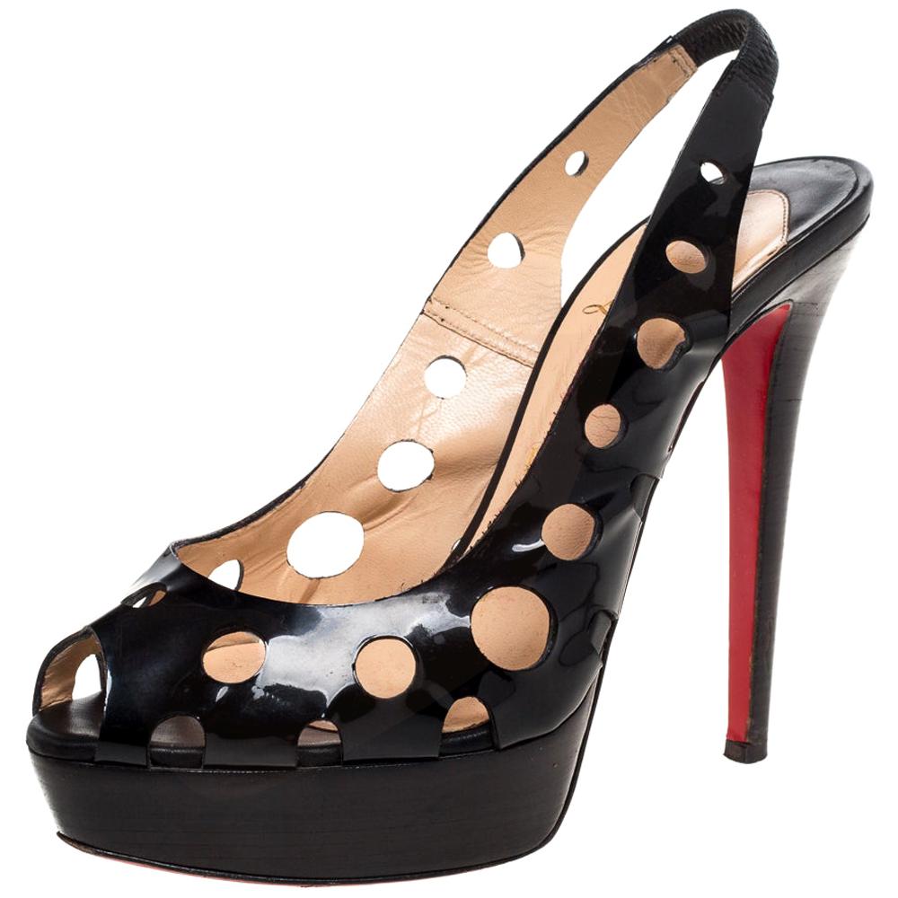 Christian Louboutin Black Patent Leather Ginza Platform Slingback Size 39