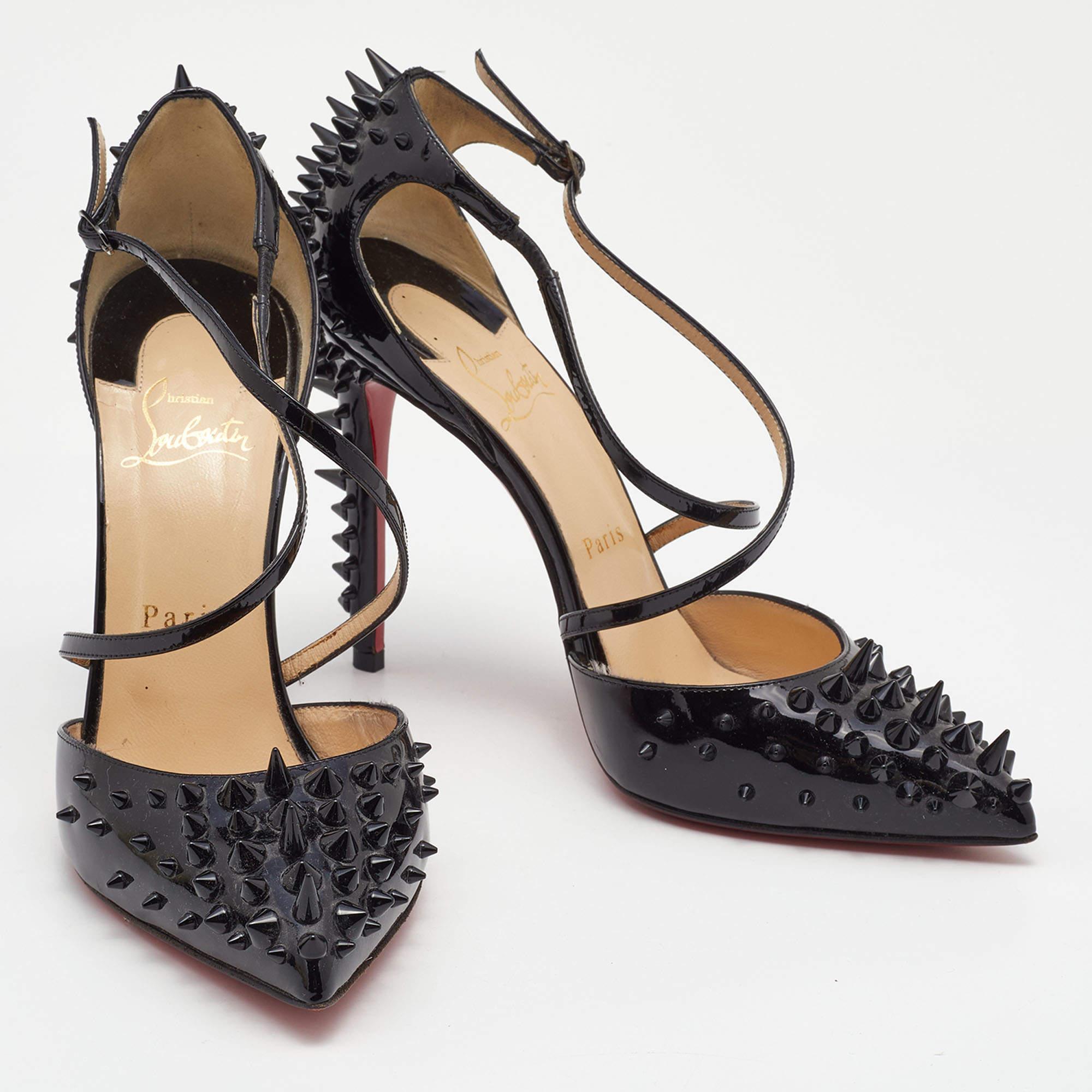 Women's Christian Louboutin Black Patent Leather Goldocross Spike Pumps Size 38