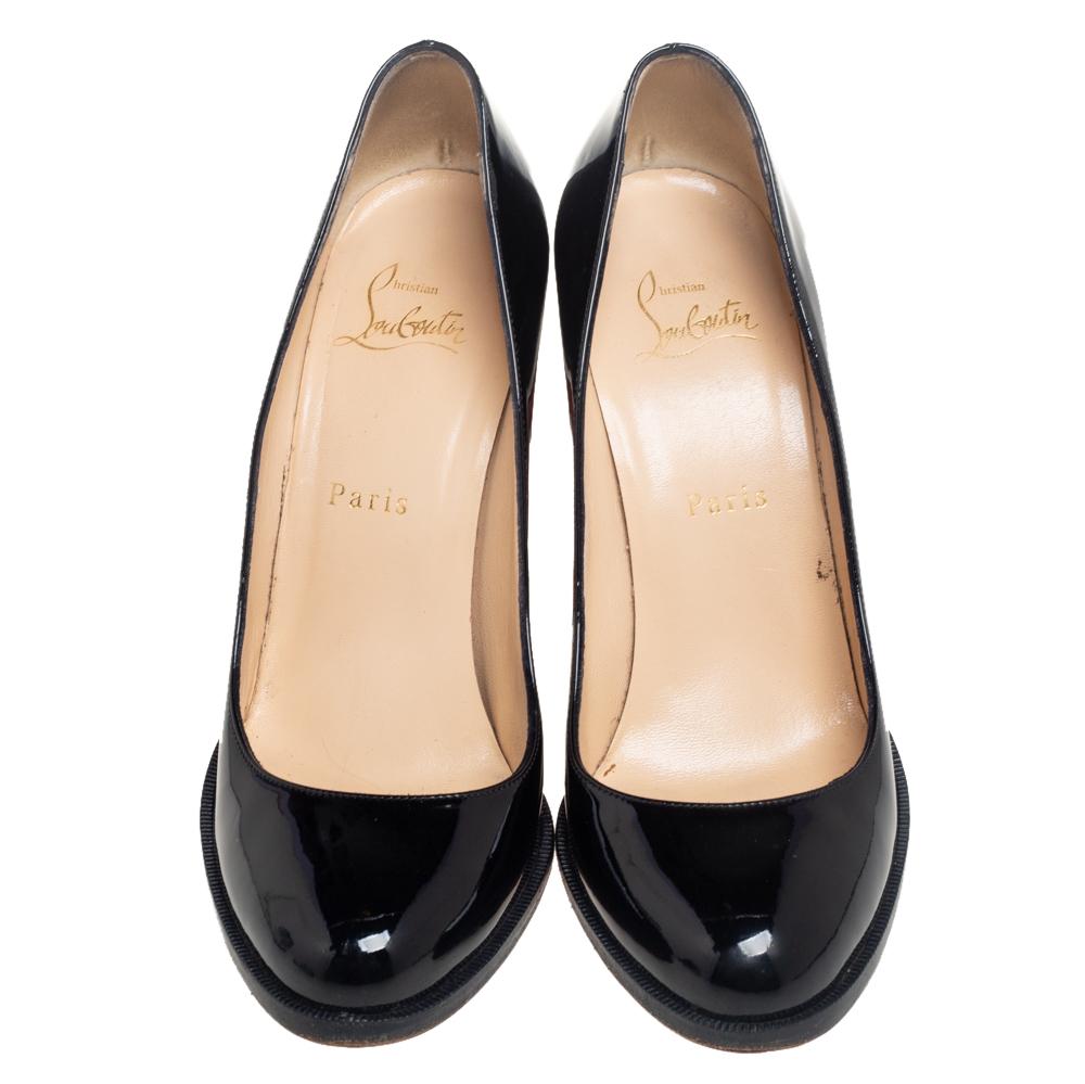 You can never go wrong with this everyday pair of Louboutins. The black patent leather exterior is coupled with round toes, wide 10.5 cm heels, self-covered platforms, and leather lining. The red soles add the signature touch!


