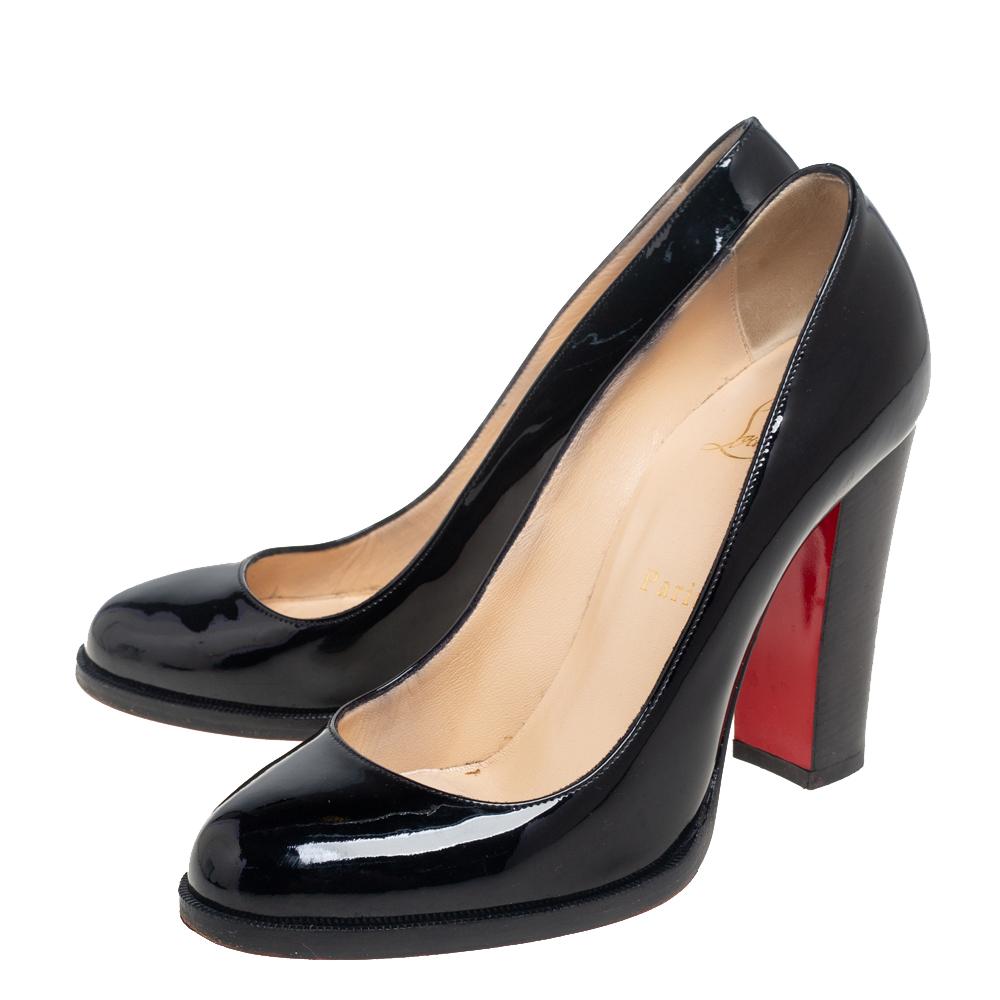 Women's Christian Louboutin Black Patent Leather Grapi Block Heel Pumps Size 37.5