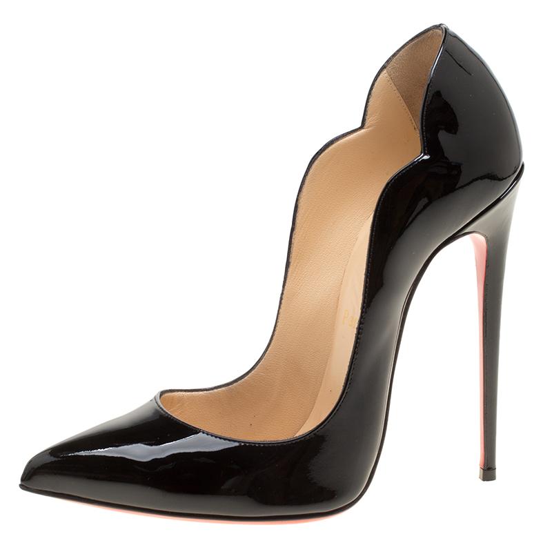 Women's Christian Louboutin Black Patent Leather Hot Chick Scalloped Trim Pointed Toe Pu
