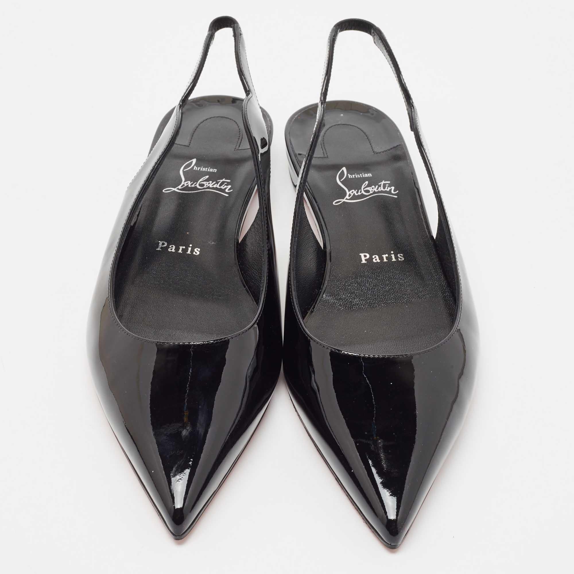 Women's Christian Louboutin Black Patent Leather Hot Chickita Slingback Flats Size 41