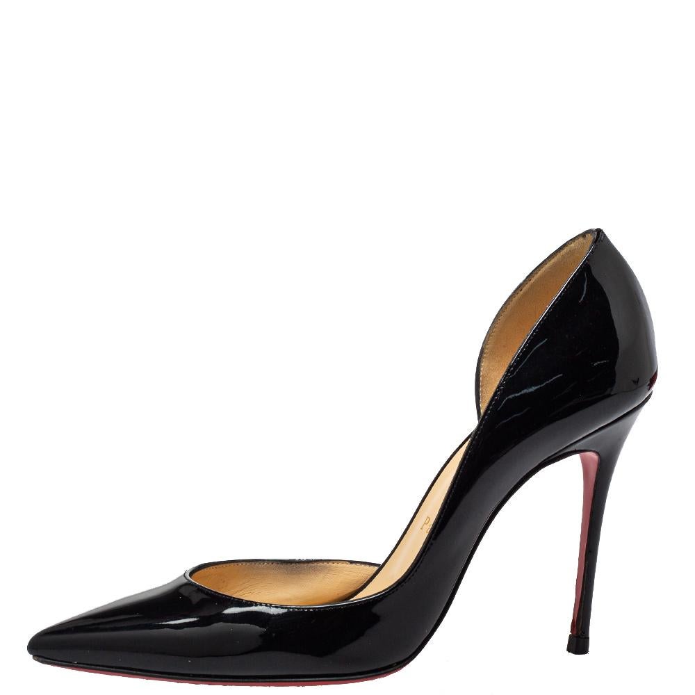 Skilfully crafted from patent leather in a D'orsay style with pointed toes, these Christian Louboutin pumps come ready to give you a high-fashion experience. The rich black pumps, with sharp-cut toplines, are balanced on 10.5 cm heels and finished