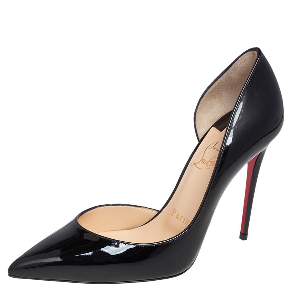 Skilfully crafted from patent leather in a D'orsay style with pointed toes, these Christian Louboutin pumps come ready to give you a high-fashion experience. The rich black pumps, with sharp-cut toplines, are balanced on 10.5 cm heels and finished