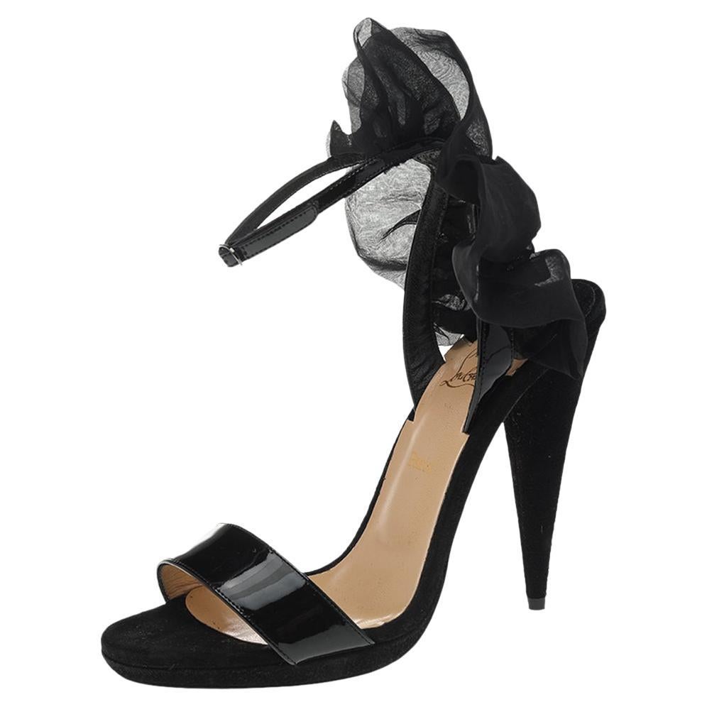 Christian Louboutin Black Patent Leather Jacqueline Ankle Strap Sandals Size 36 For Sale