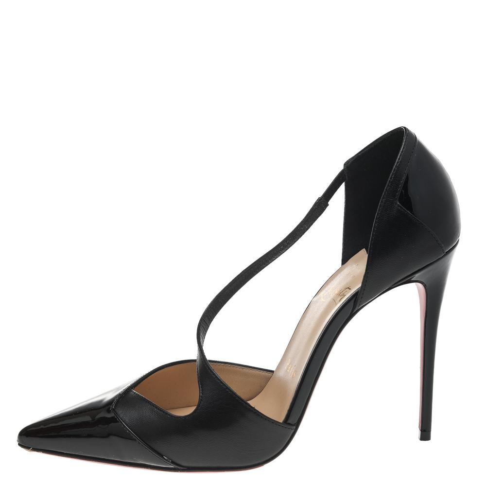 From the House of Christian Louboutin, here is an amazing creation that will make you elegant and stylish! These pumps are created using black patent leather and showcase pointed toes, slender heels, and a cross strap on the upper. These CL pumps