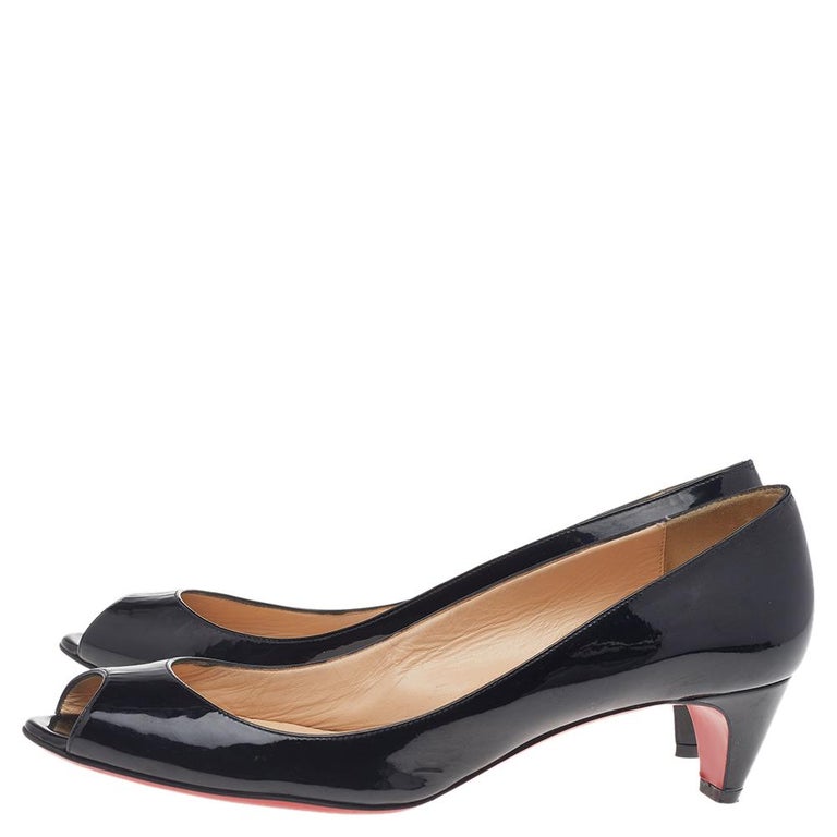 Christian Louboutin Black Patent Leather Kitten Heel Peep Toe Pumps Size 39.5 at 1stDibs