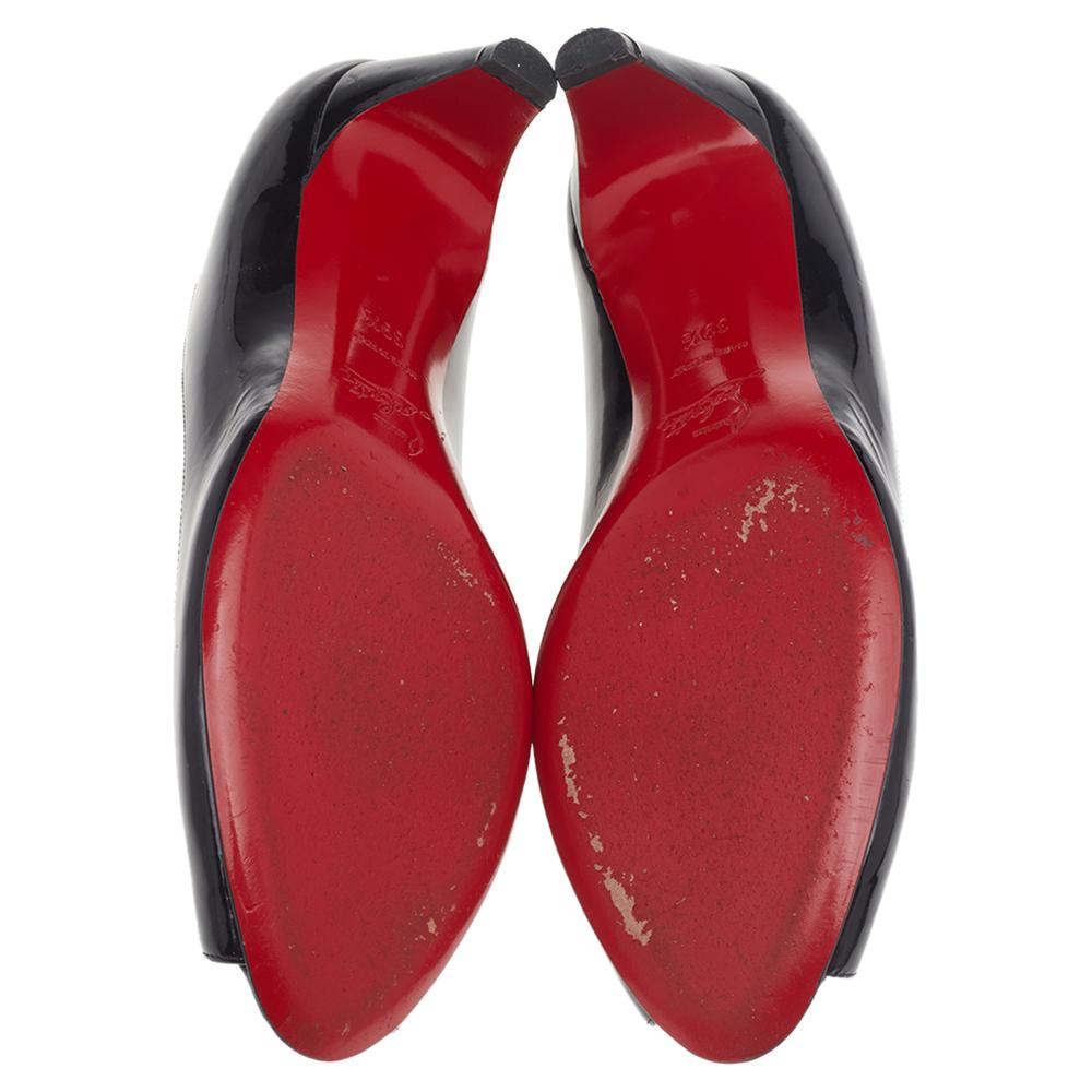 Women's Christian Louboutin Black Patent Leather Kitten Heel Peep Toe Pumps Size 39.5