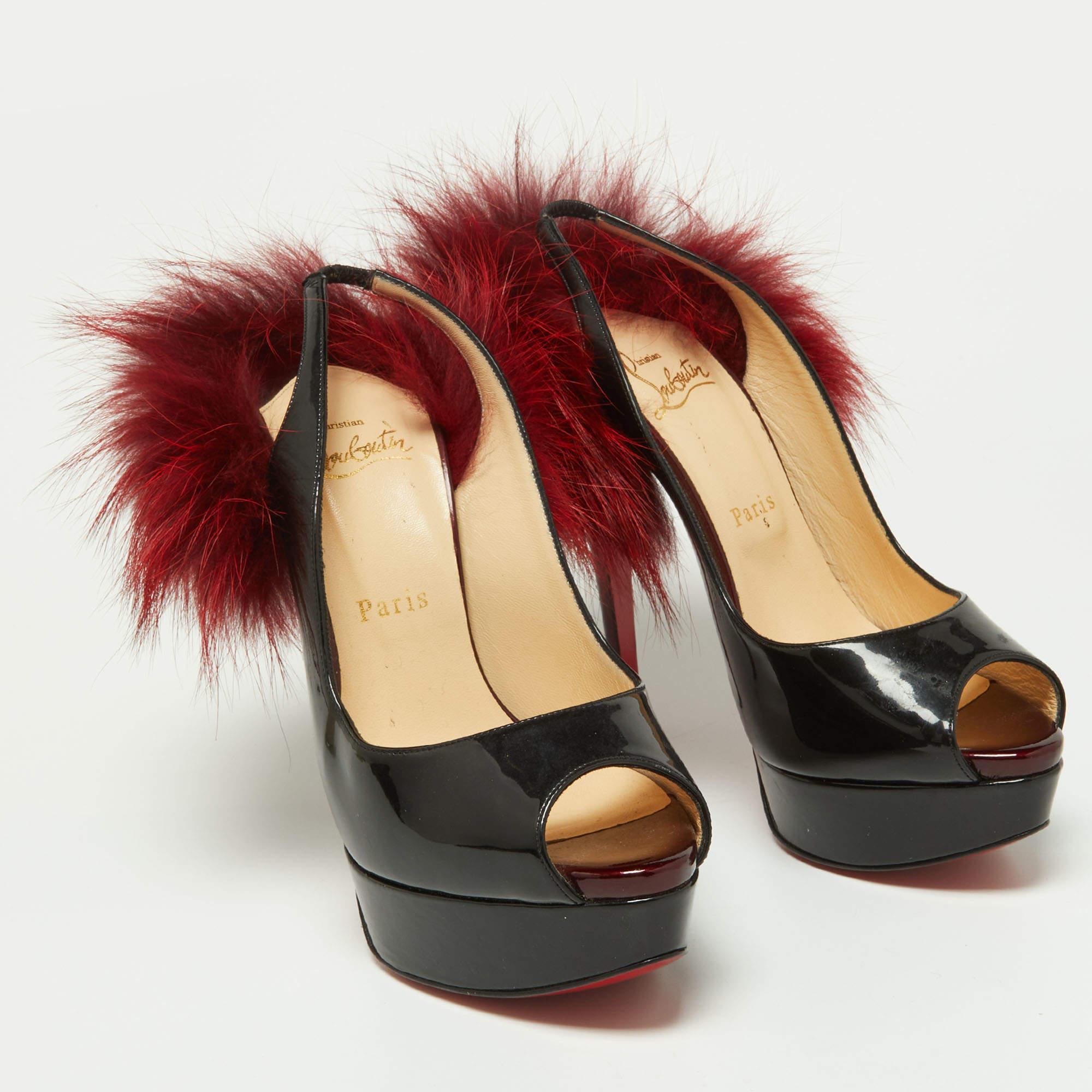 Brown Christian Louboutin Black Patent Leather Lady Fur Slingback Pumps Size 39.5