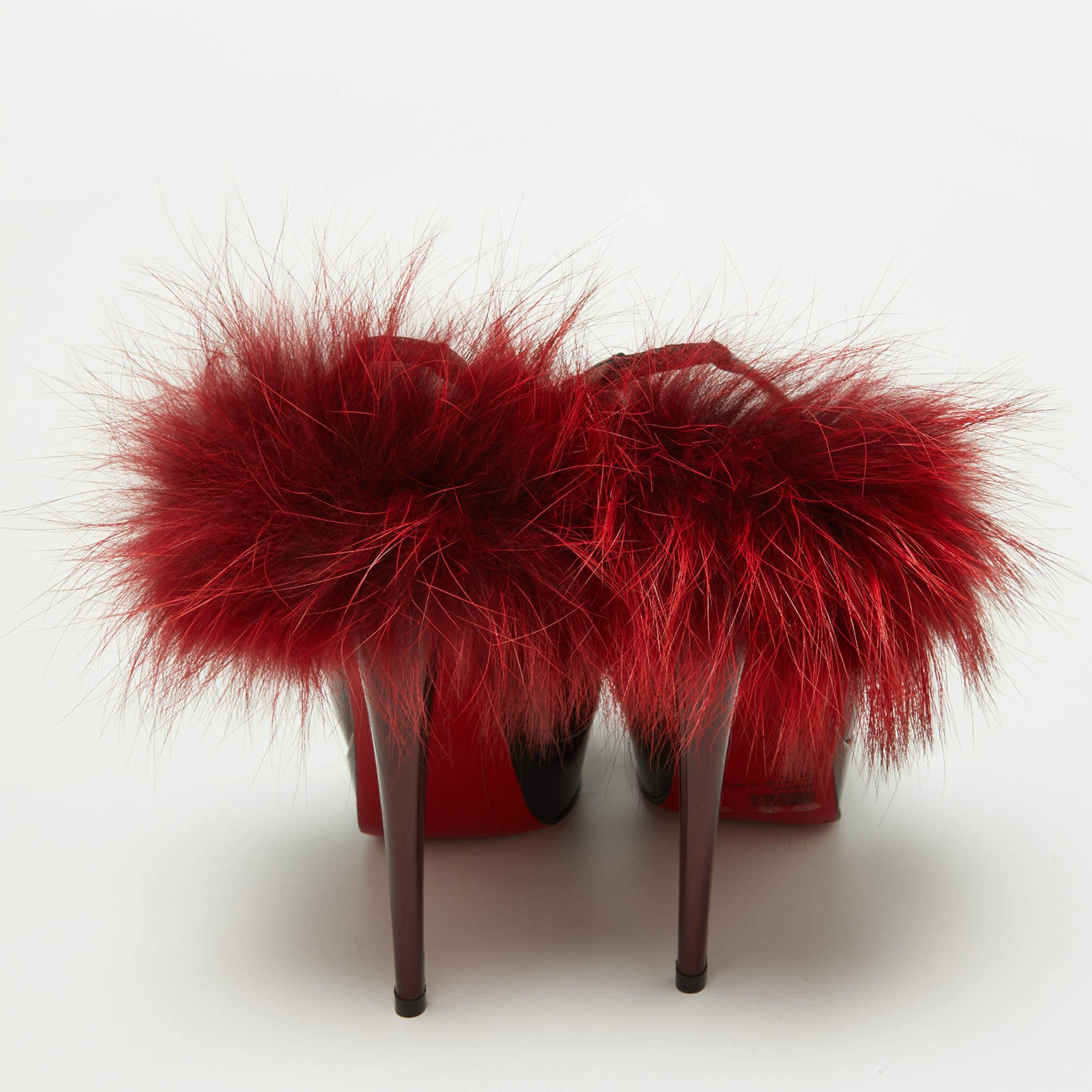 Christian Louboutin Black Patent Leather Lady Fur Slingback Pumps Size 39.5 2