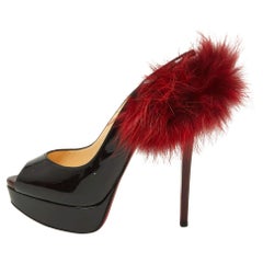 Christian Louboutin Black Patent Leather Lady Fur Slingback Pumps Size 39.5