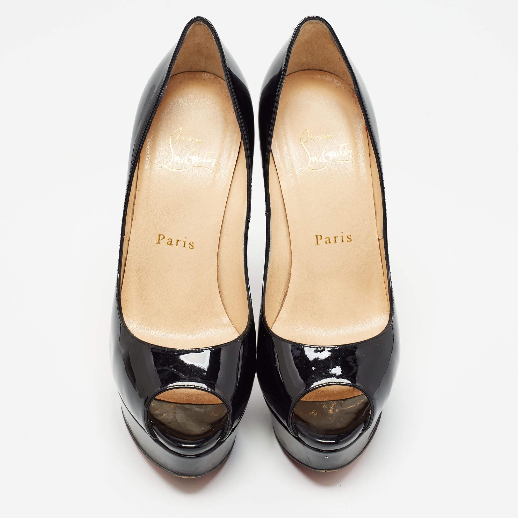 Christian Louboutin Black Patent Leather Lady Peep Pumps Size 36 In Good Condition In Dubai, Al Qouz 2