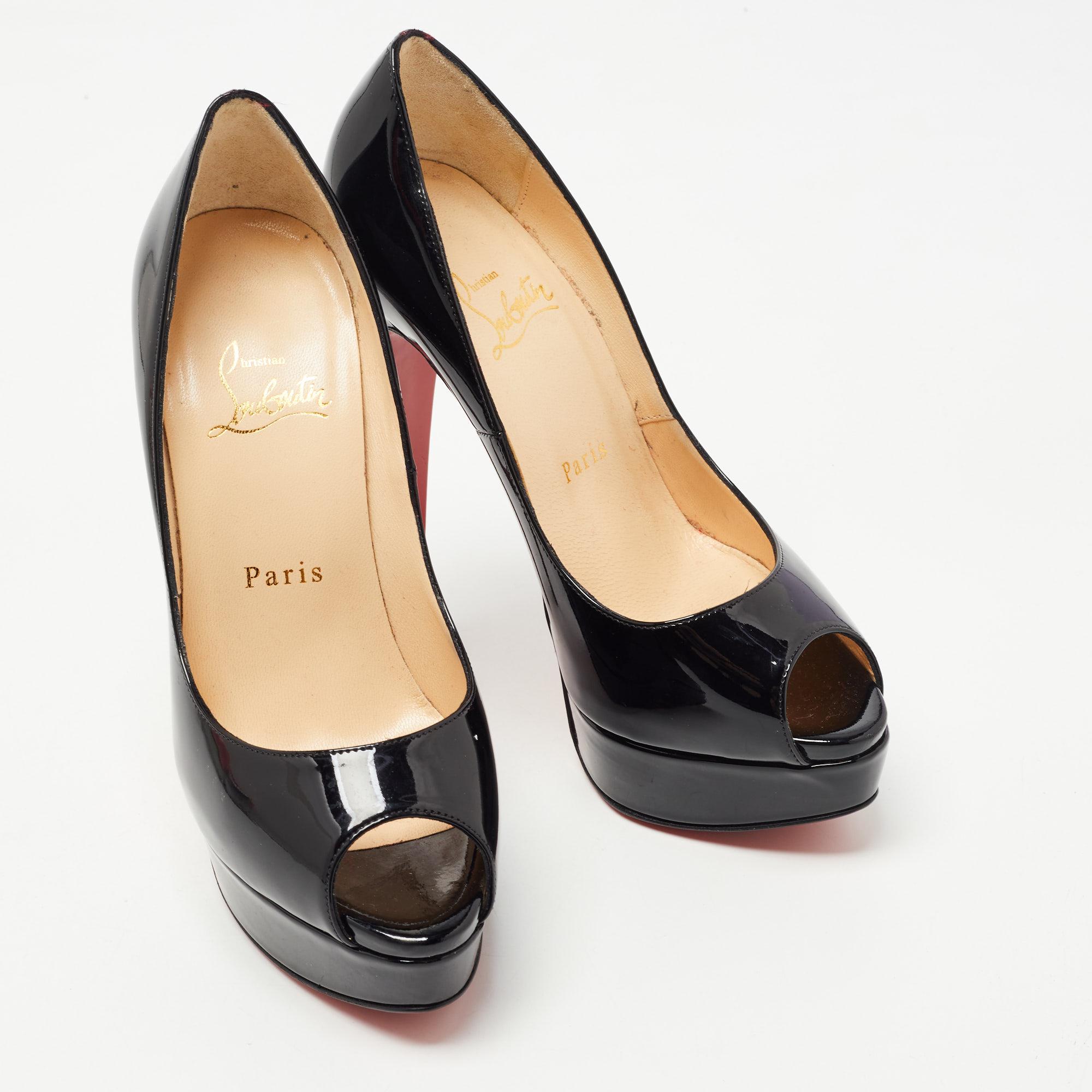 Christian Louboutin Black Patent Leather Lady Peep Pumps Size 36 In Good Condition In Dubai, Al Qouz 2