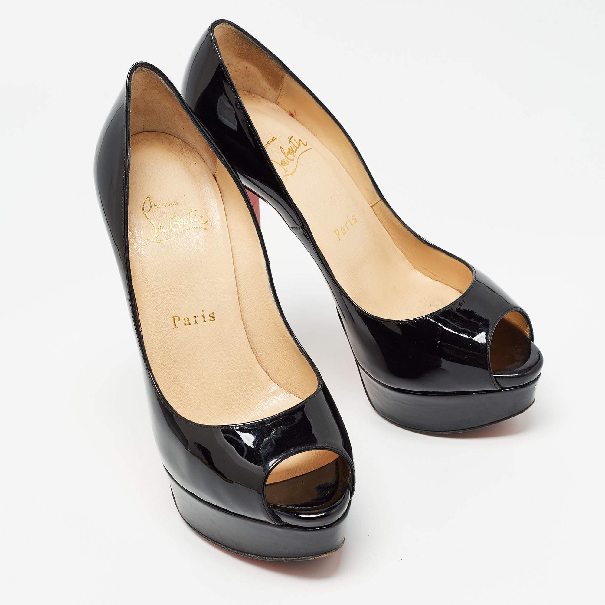 Women's Christian Louboutin Black Patent Leather Lady Peep Pumps Size 36