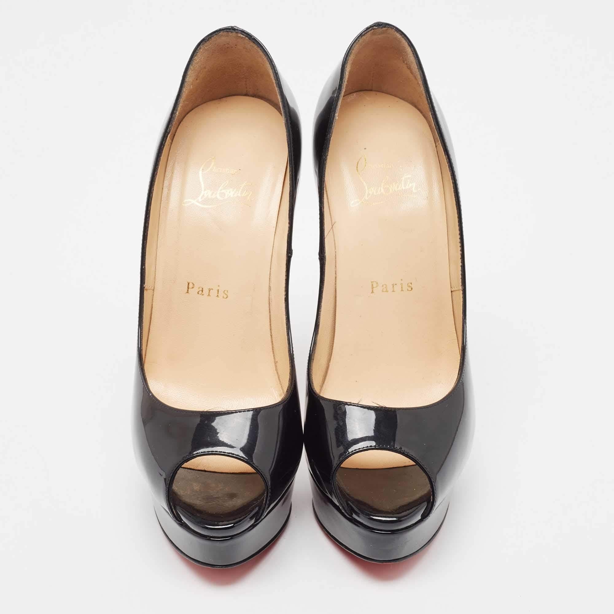 Women's Christian Louboutin Black Patent Leather Lady Peep Pumps Size 37