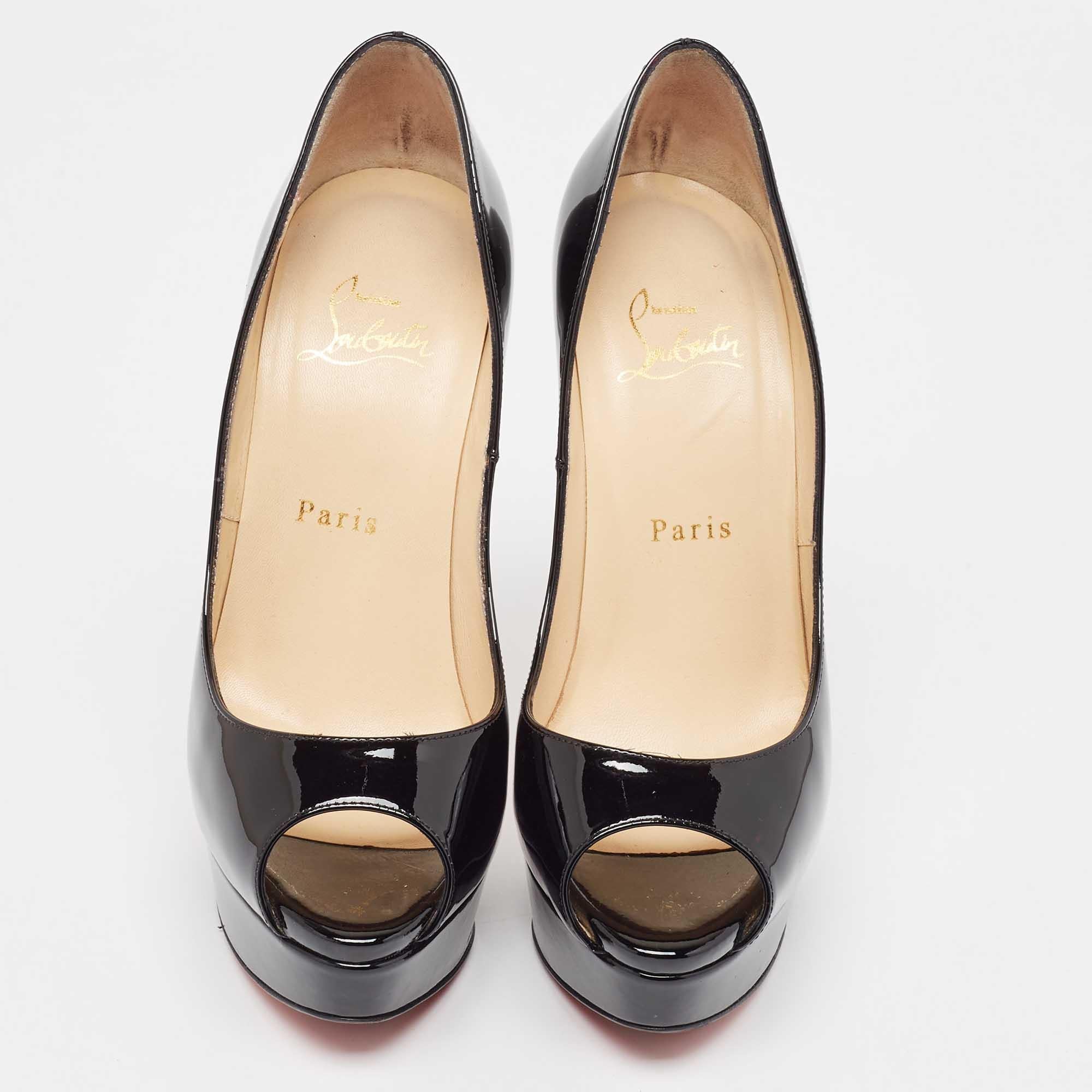 Christian Louboutin Black Patent Leather Lady Peep Pumps Size 37.5 In Good Condition In Dubai, Al Qouz 2