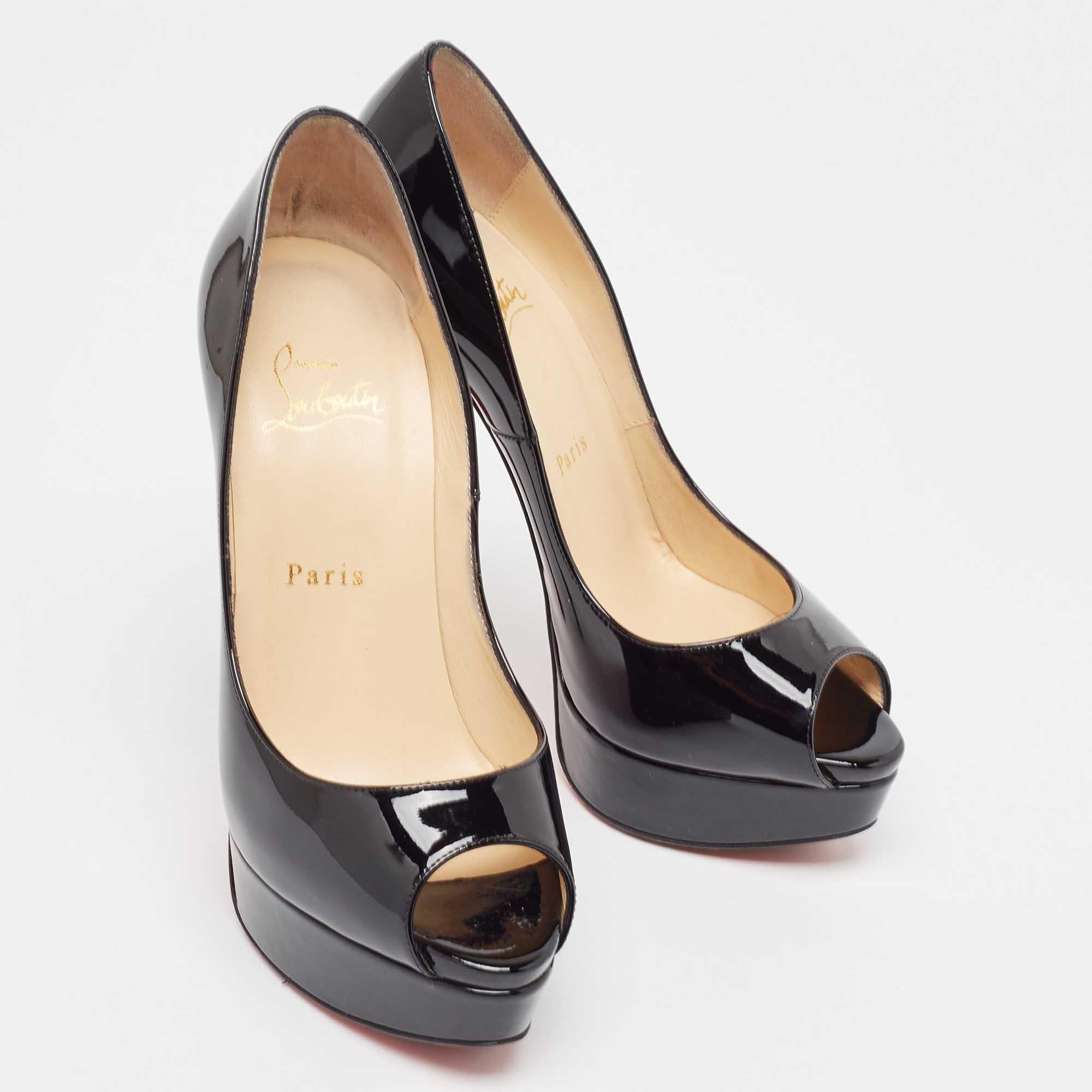 Women's Christian Louboutin Black Patent Leather Lady Peep Pumps Size 37.5