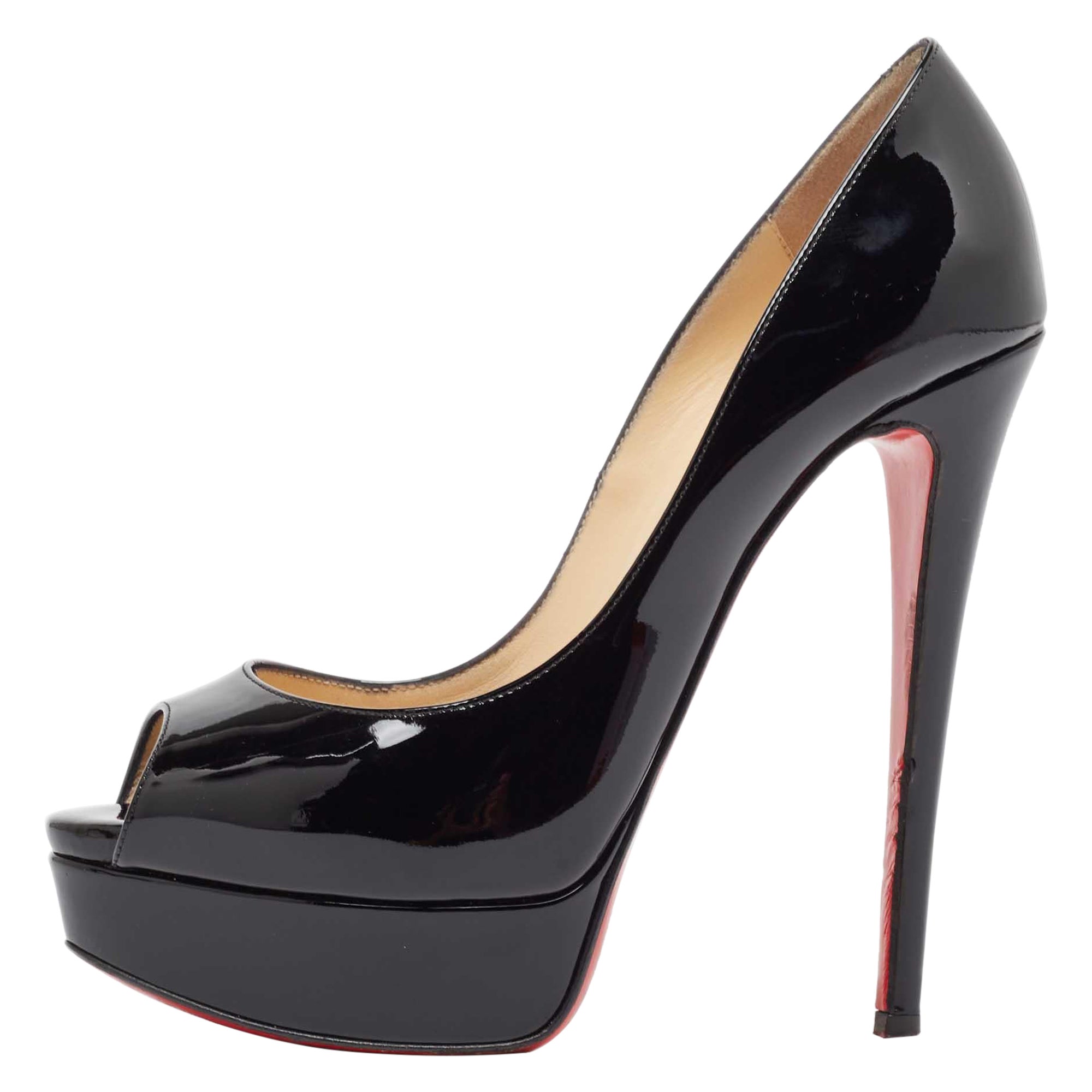 Christian Louboutin Black Patent Leather Lady Peep Pumps Size 37.5