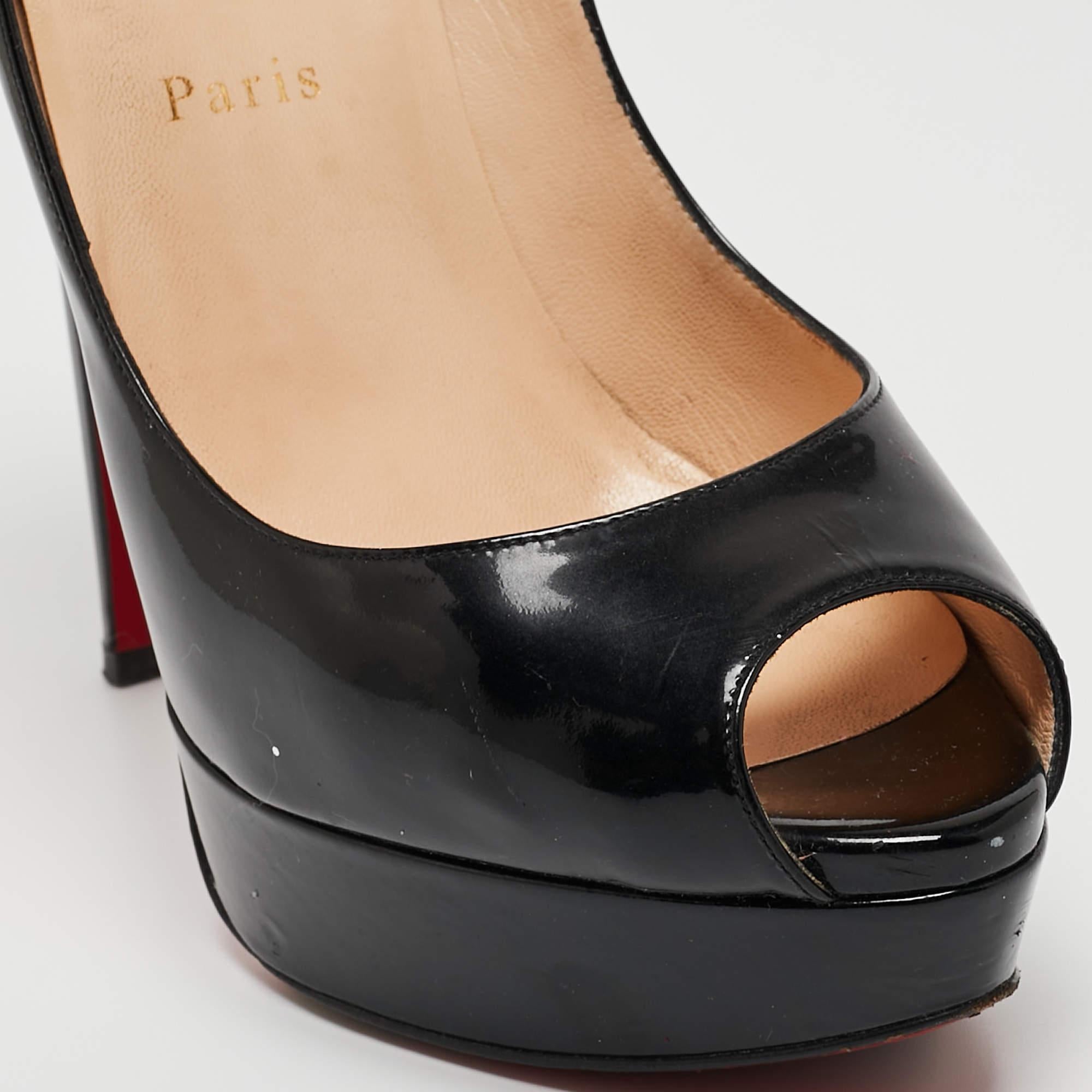 Christian Louboutin Black Patent Leather Lady Peep Pumps Size 40.5 For Sale 2
