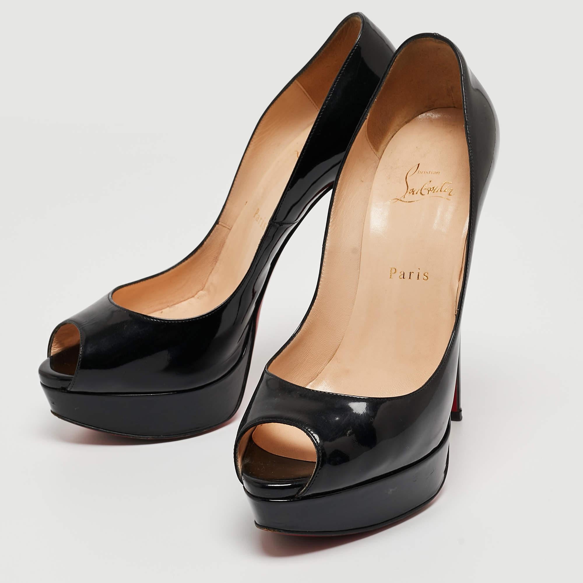 Christian Louboutin Black Patent Leather Lady Peep Pumps Size 40.5 For Sale 4