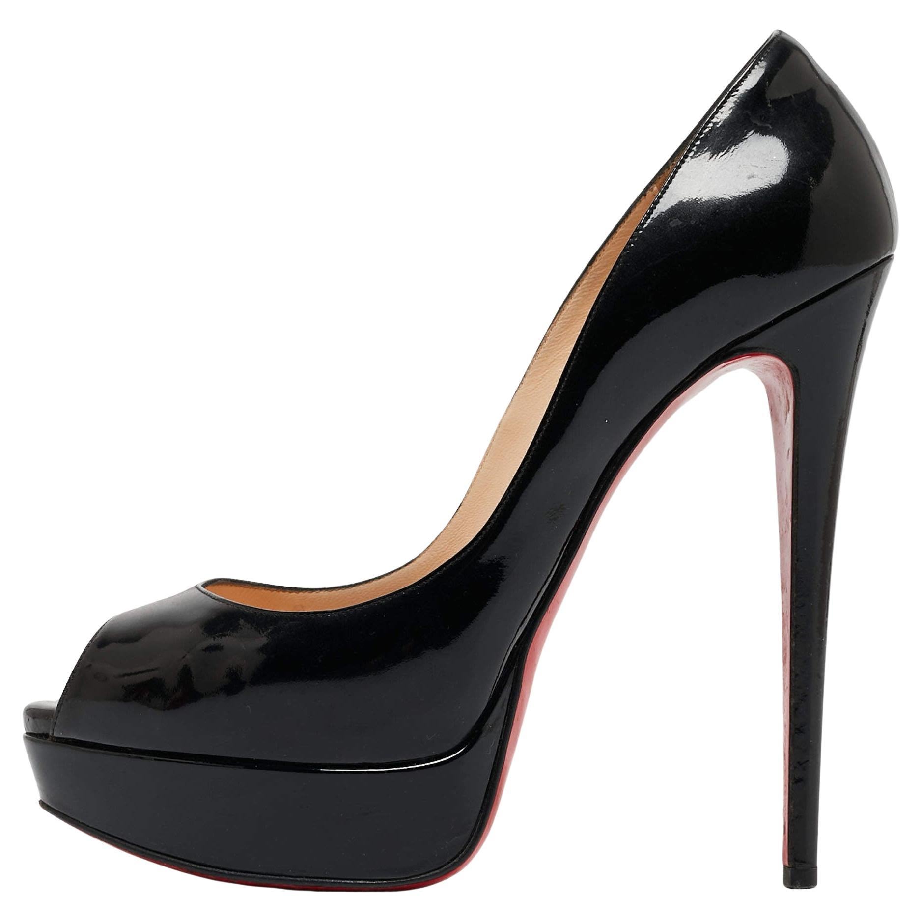 Christian Louboutin Black Patent Leather Lady Peep Pumps Size 40.5 For Sale