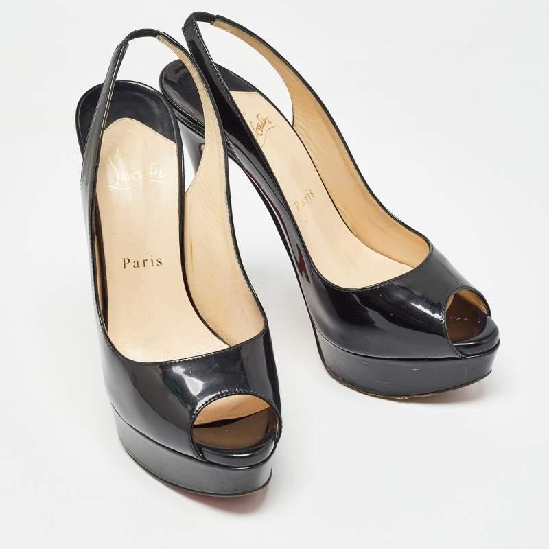 Women's Christian Louboutin Black Patent Leather Lady Peep Slingback Pumps Size 38.5