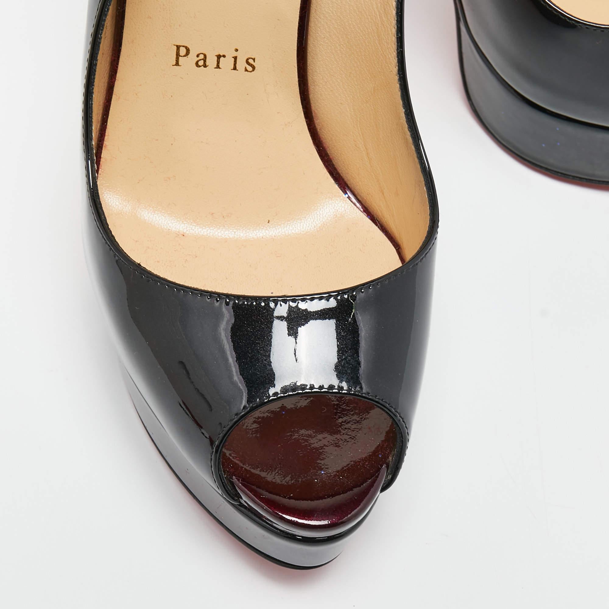 Women's Christian Louboutin Black Patent Leather Lady Peep Slingback Pumps Size 38.5