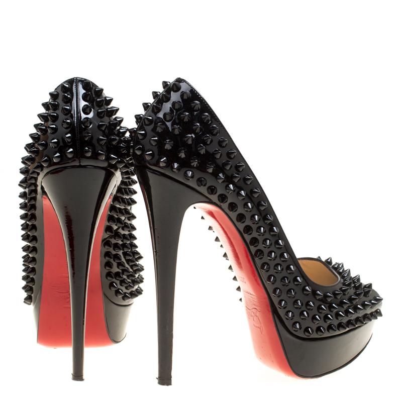 Women's Christian Louboutin Black Patent Leather Lady Peep Spikes Platform Pumps Size 39