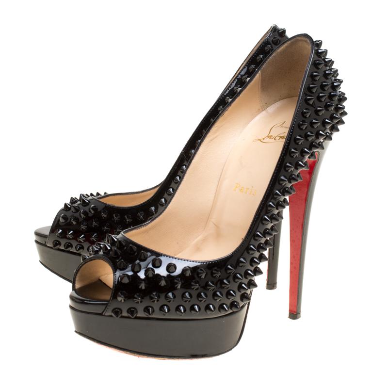 Christian Louboutin Black Patent Leather Lady Peep Spikes Platform Pumps Size 39 1