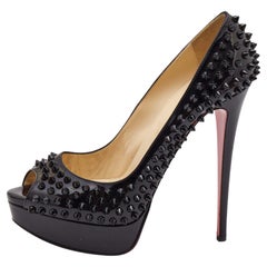 Christian Louboutin Black Patent Leather Lady Peep Spikes Pumps Size 40