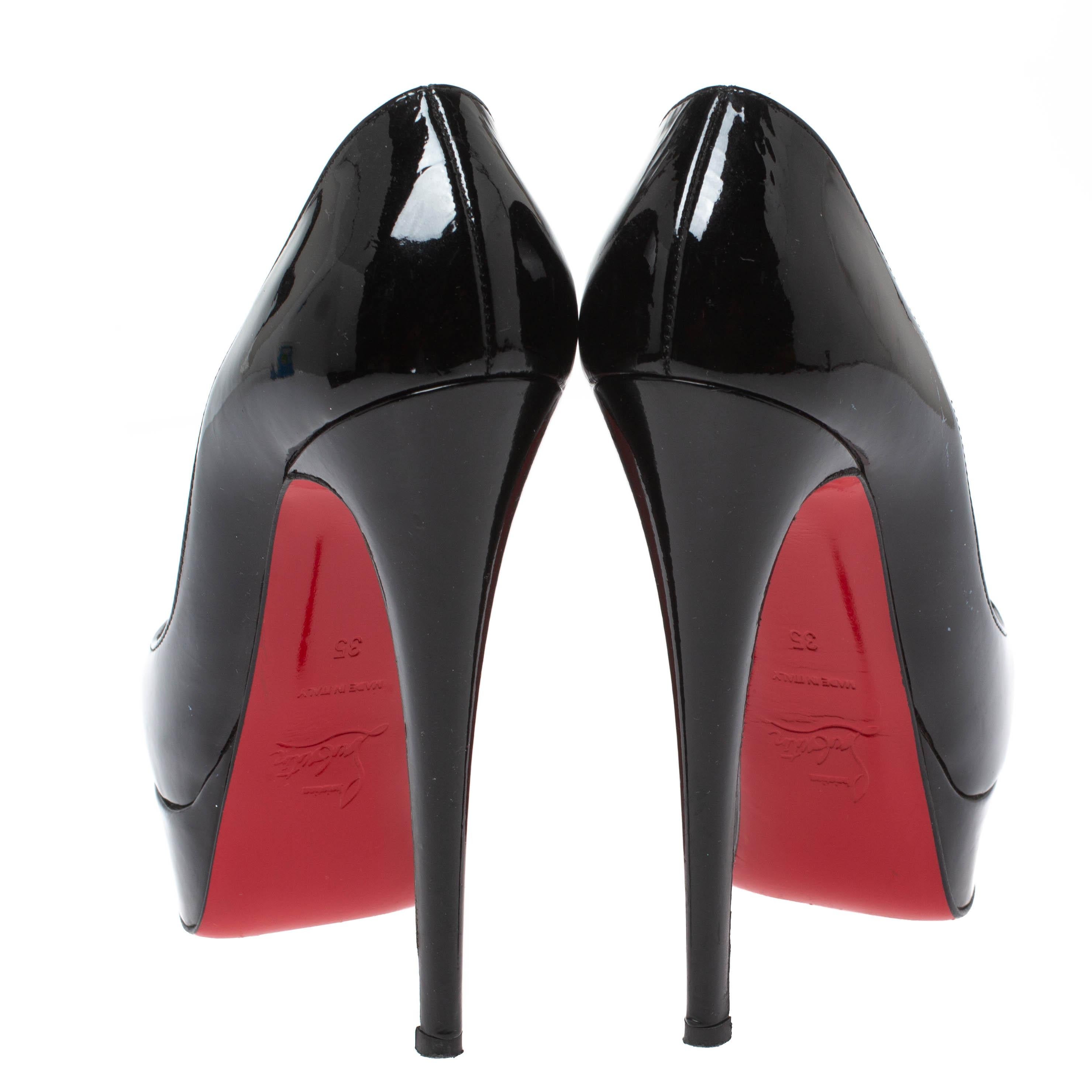 Women's Christian Louboutin Black Patent Leather Lady Peep Toe Platform Pumps Size 35 For Sale