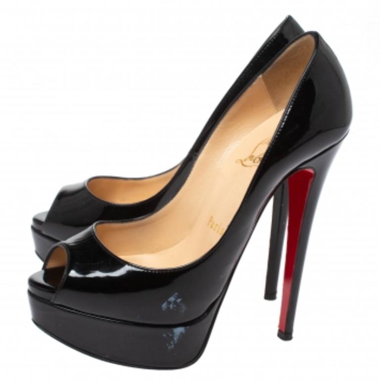 Christian Louboutin Black Patent Leather Lady Peep Toe Platform Pumps Size 35 For Sale 5