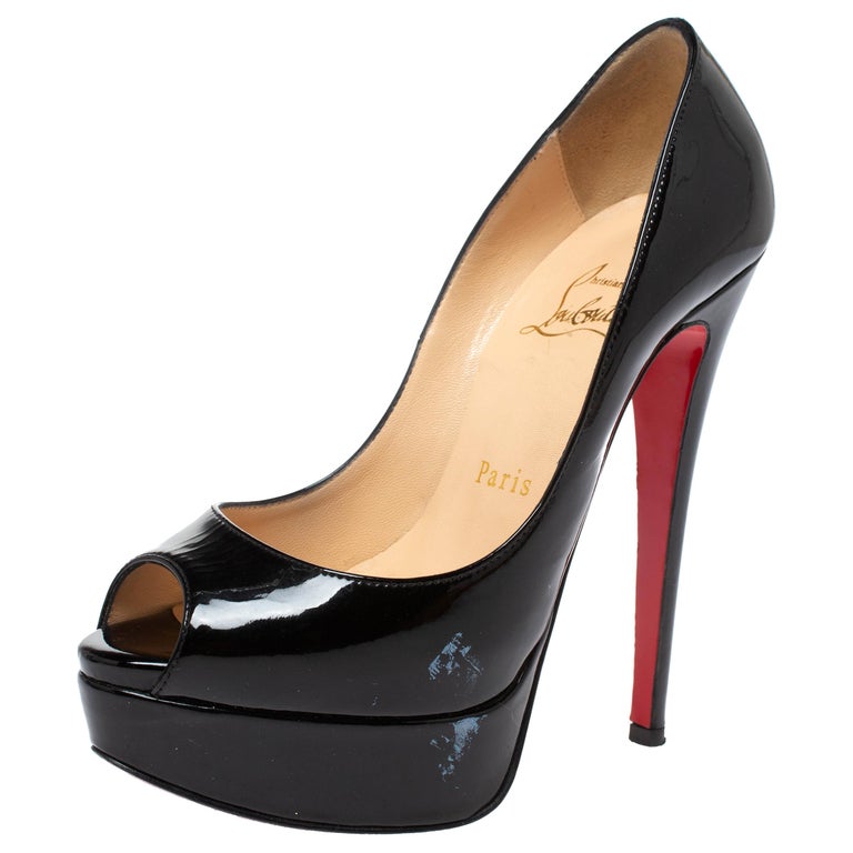 Christian Louboutin Black Patent Leather Lady Peep Toe Platform Pumps Size  35 For Sale at 1stDibs