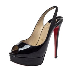 Christian Louboutin Black Patent Leather Lady Peep Toe Platform Pumps Size 38.5