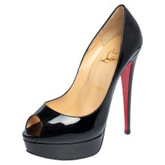 Christian Louboutin Black Patent Leather Lady Peep Toe Platform Pumps Size 38.5