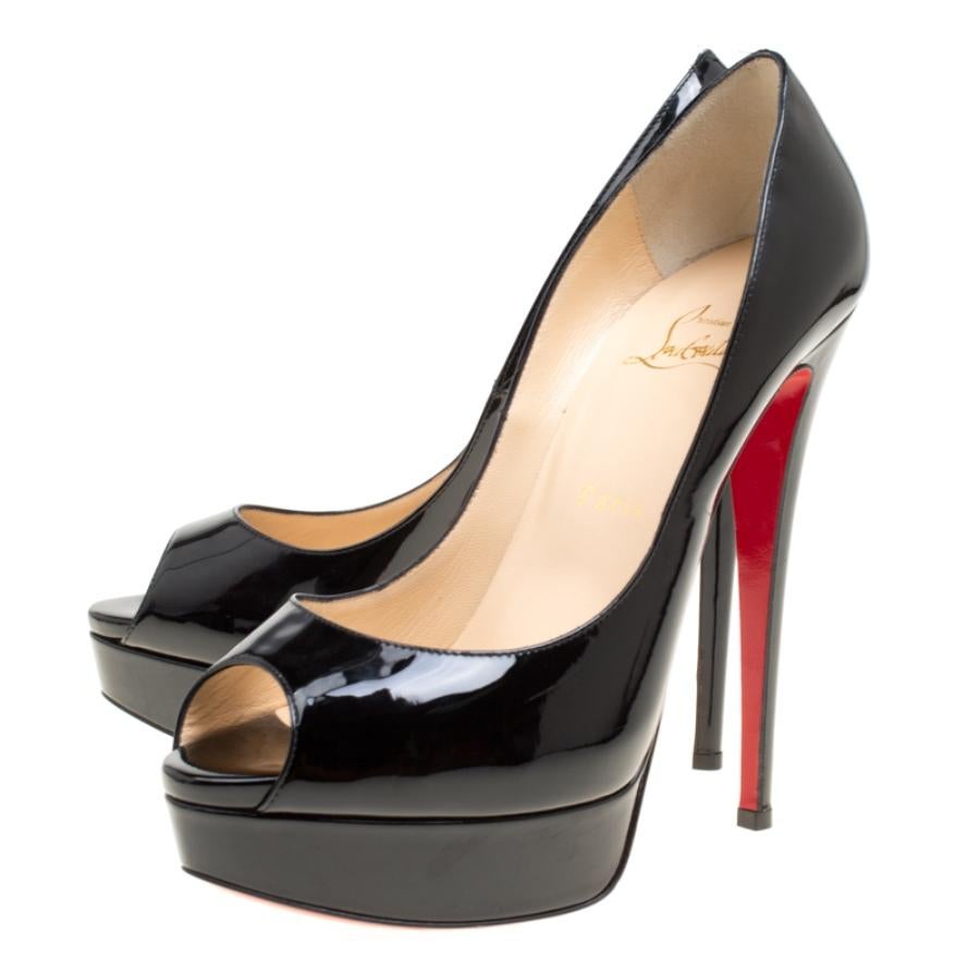 Women's Christian Louboutin Black Patent Leather Lady Peep Toe Platform Pumps Size 39