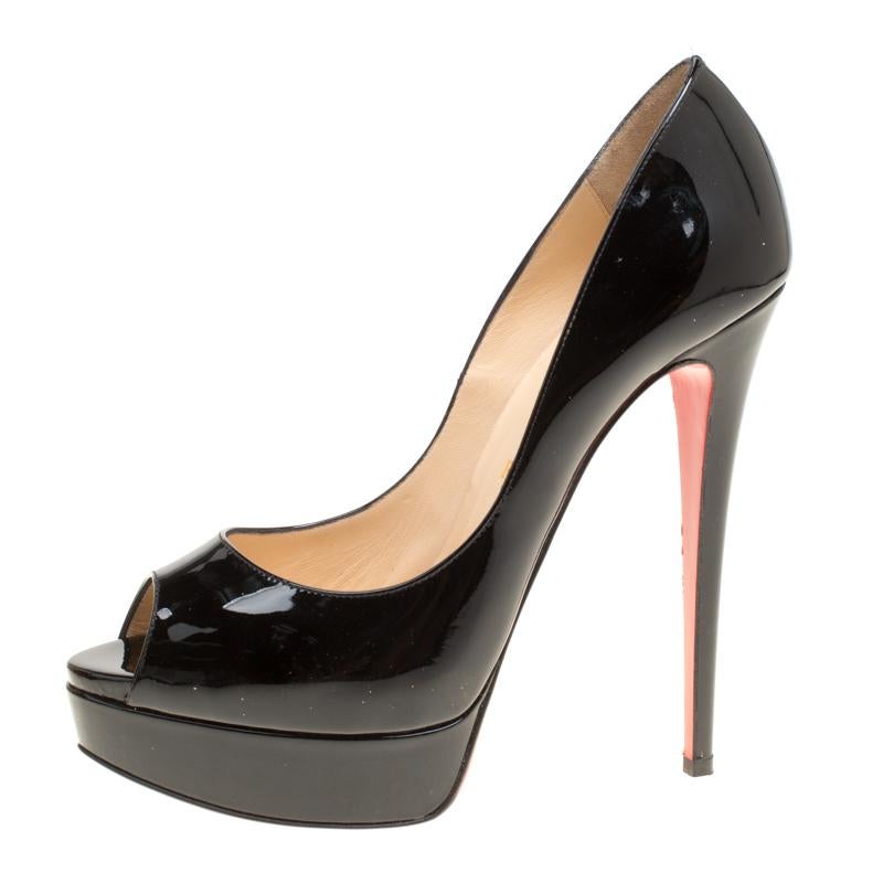 Christian Louboutin Black Patent Leather Lady Peep Toe Platform Pumps Size 40 2